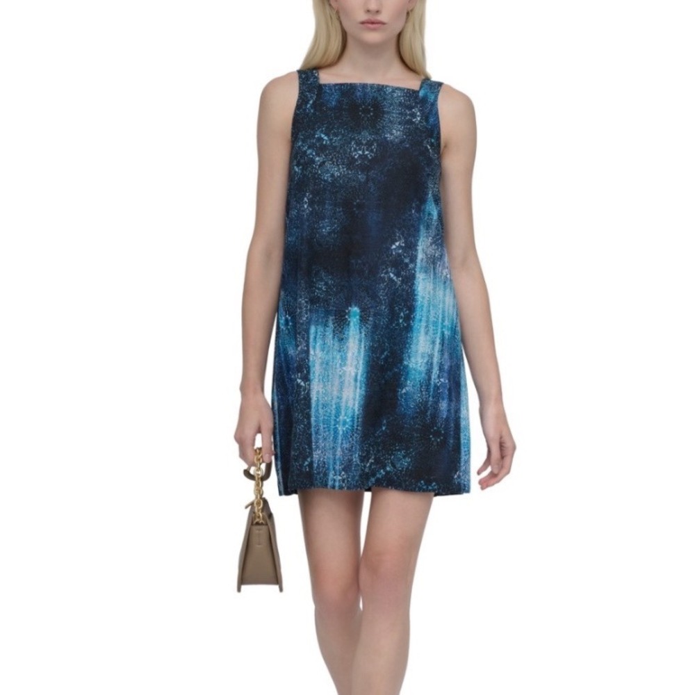 DKNY Shift Dress Women Size 10 New Blue Black Linen Blend Back Tie $129